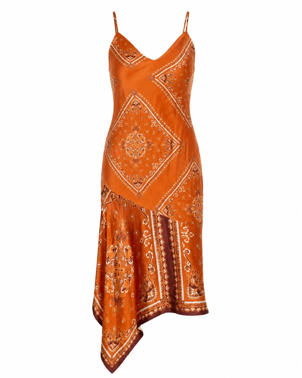 CAMI NYC Orange Paisley Cowl Neck Silk Handkerchief Slip Dress Size S